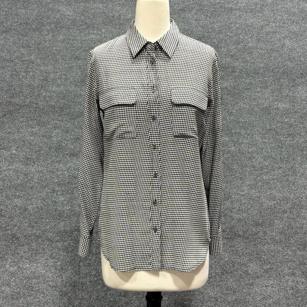 Equipment Shirt Womens Small Black White Houndstooth Silk Button Front Top